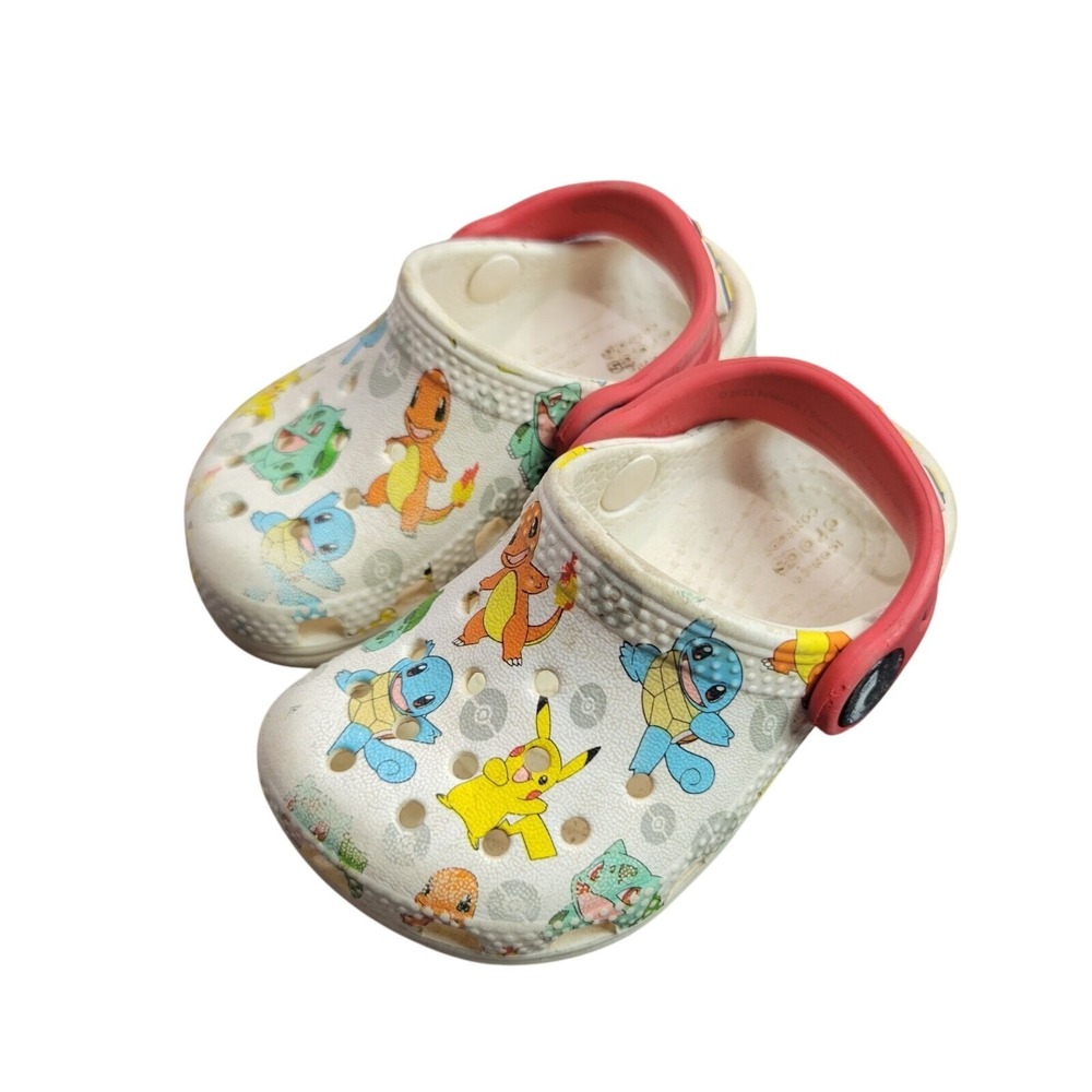 Crocs Pokemon Clog Shoes Baby Sz 4 White Pikachu Charizard Collectable Red Strap